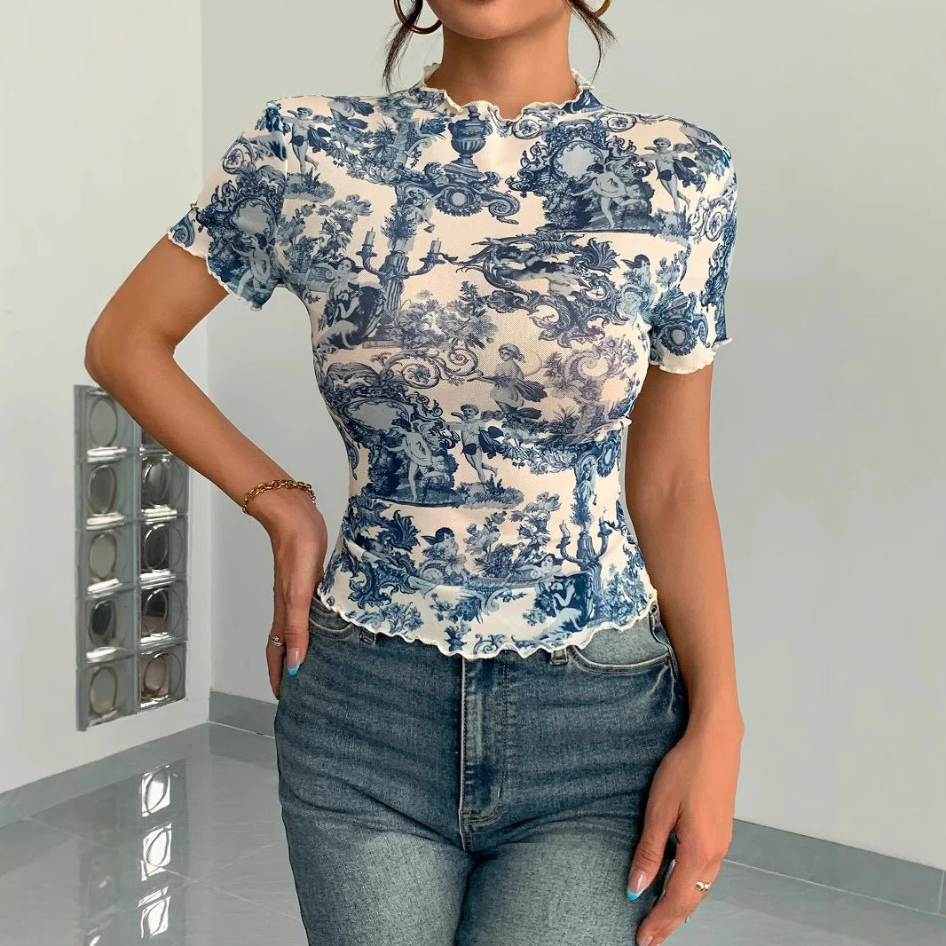 2025 new elegant mesh printing fungus edge short-sleeved T-shirt slim top women
