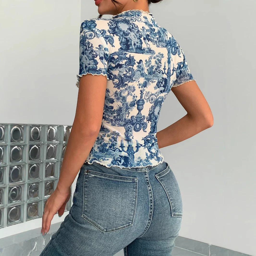 2025 new elegant mesh printing fungus edge short-sleeved T-shirt slim top women - Image 2