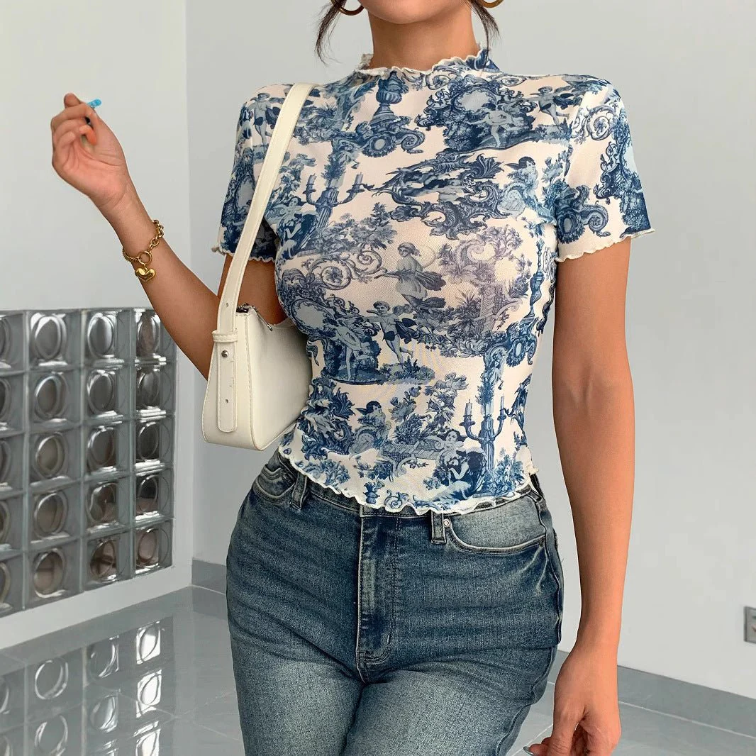 2025 new elegant mesh printing fungus edge short-sleeved T-shirt slim top women - Image 4