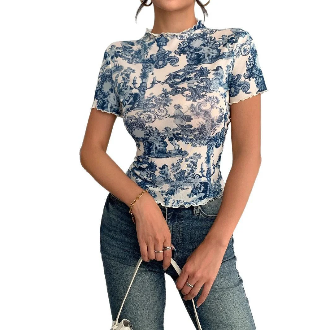 2025 new elegant mesh printing fungus edge short-sleeved T-shirt slim top women - Image 5