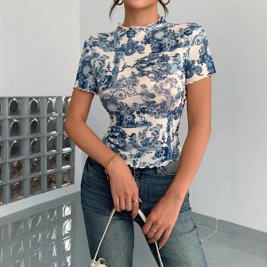 2025 new elegant mesh printing fungus edge short-sleeved T-shirt slim top women - Image 6