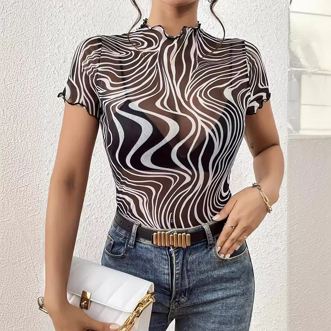 2025 new elegant mesh printing striped fungus edge short-sleeved T-shirt slim top women's clothing