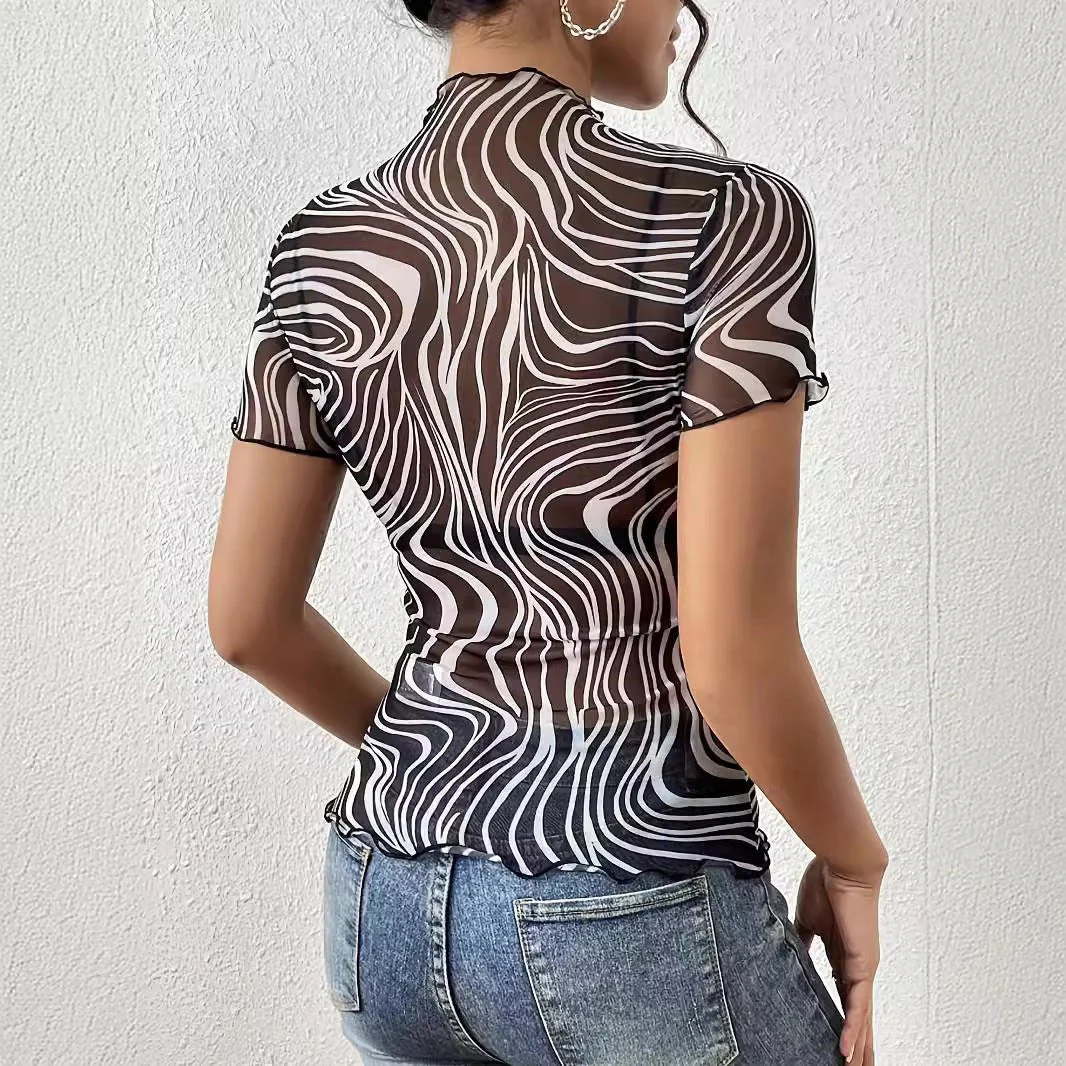 2025 new elegant mesh printing striped fungus edge short-sleeved T-shirt slim top women's clothing - Image 2