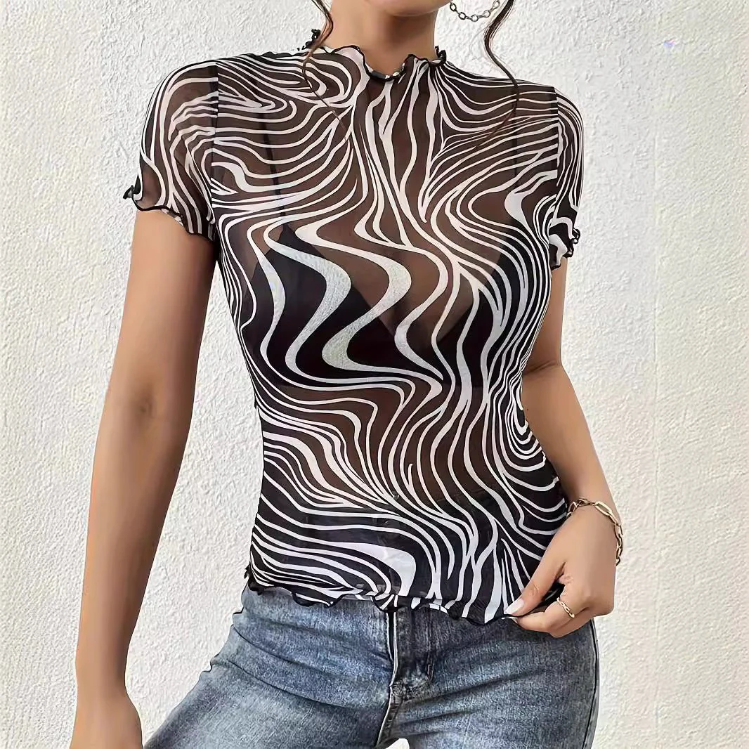 2025 new elegant mesh printing striped fungus edge short-sleeved T-shirt slim top women's clothing - Image 3