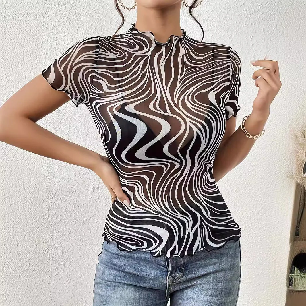 2025 new elegant mesh printing striped fungus edge short-sleeved T-shirt slim top women's clothing - Image 4