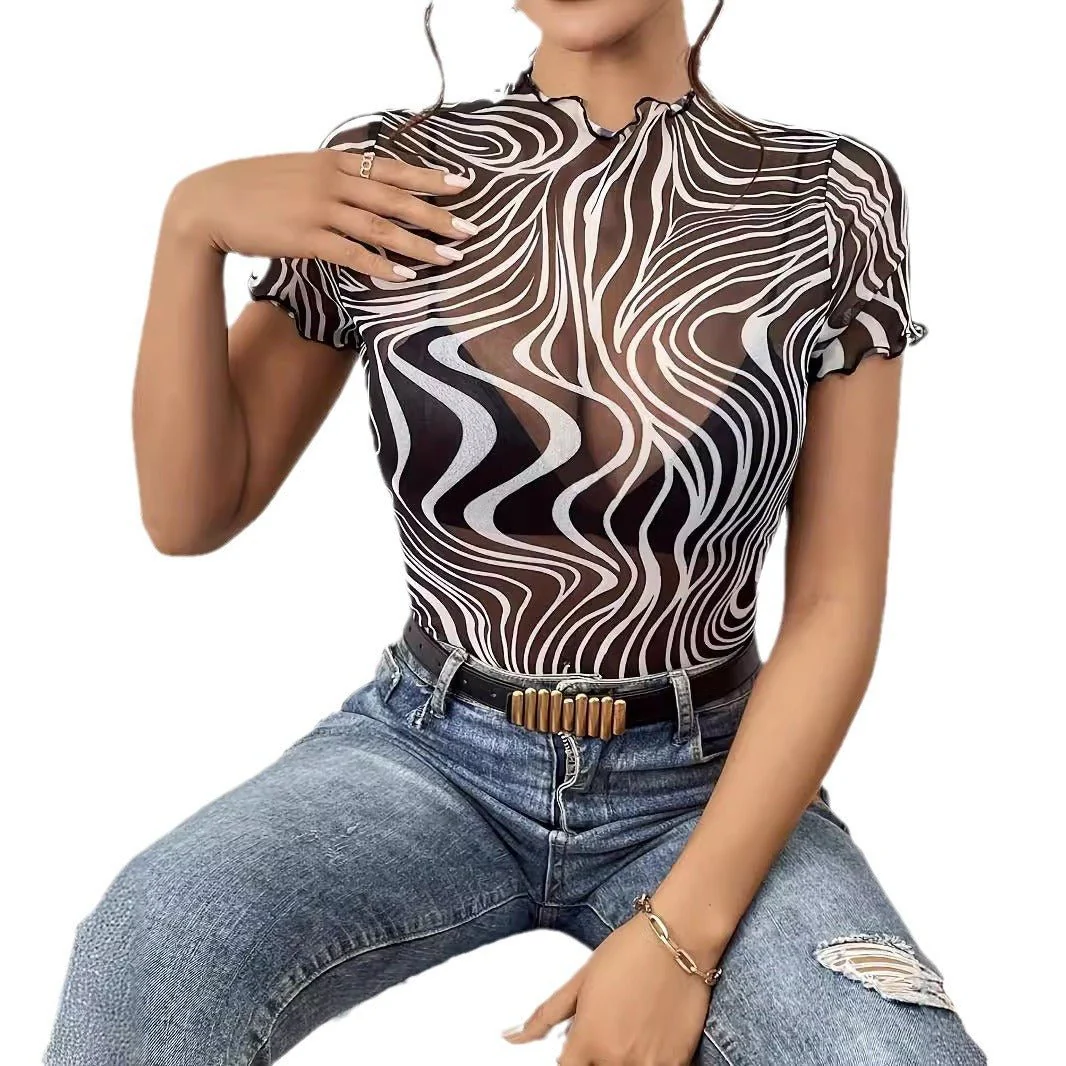 2025 new elegant mesh printing striped fungus edge short-sleeved T-shirt slim top women's clothing - Image 5