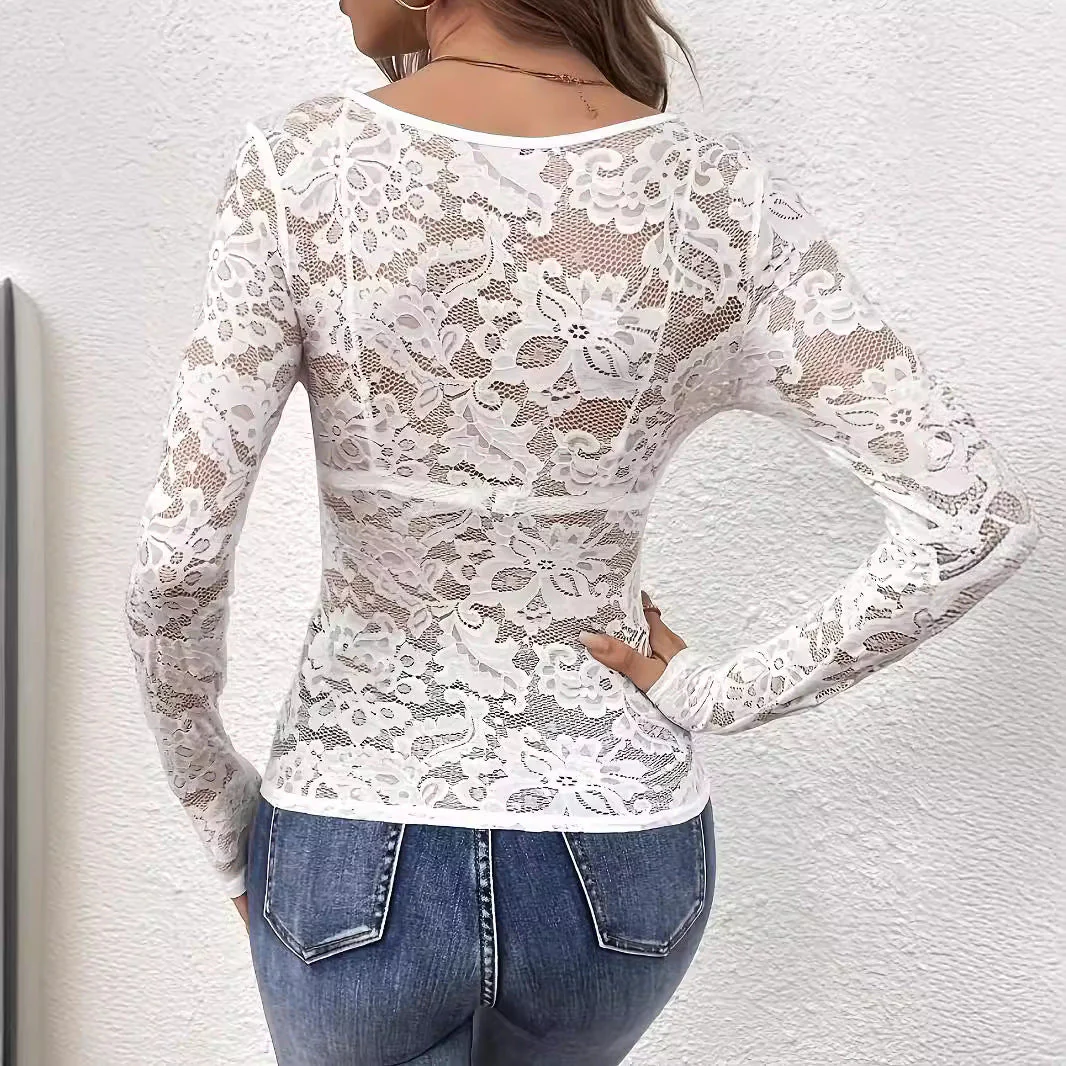 2025 new elegant V-neck fan-shaped collar edge single-layer lace long-sleeved T-shirt slim and thin women - Image 2