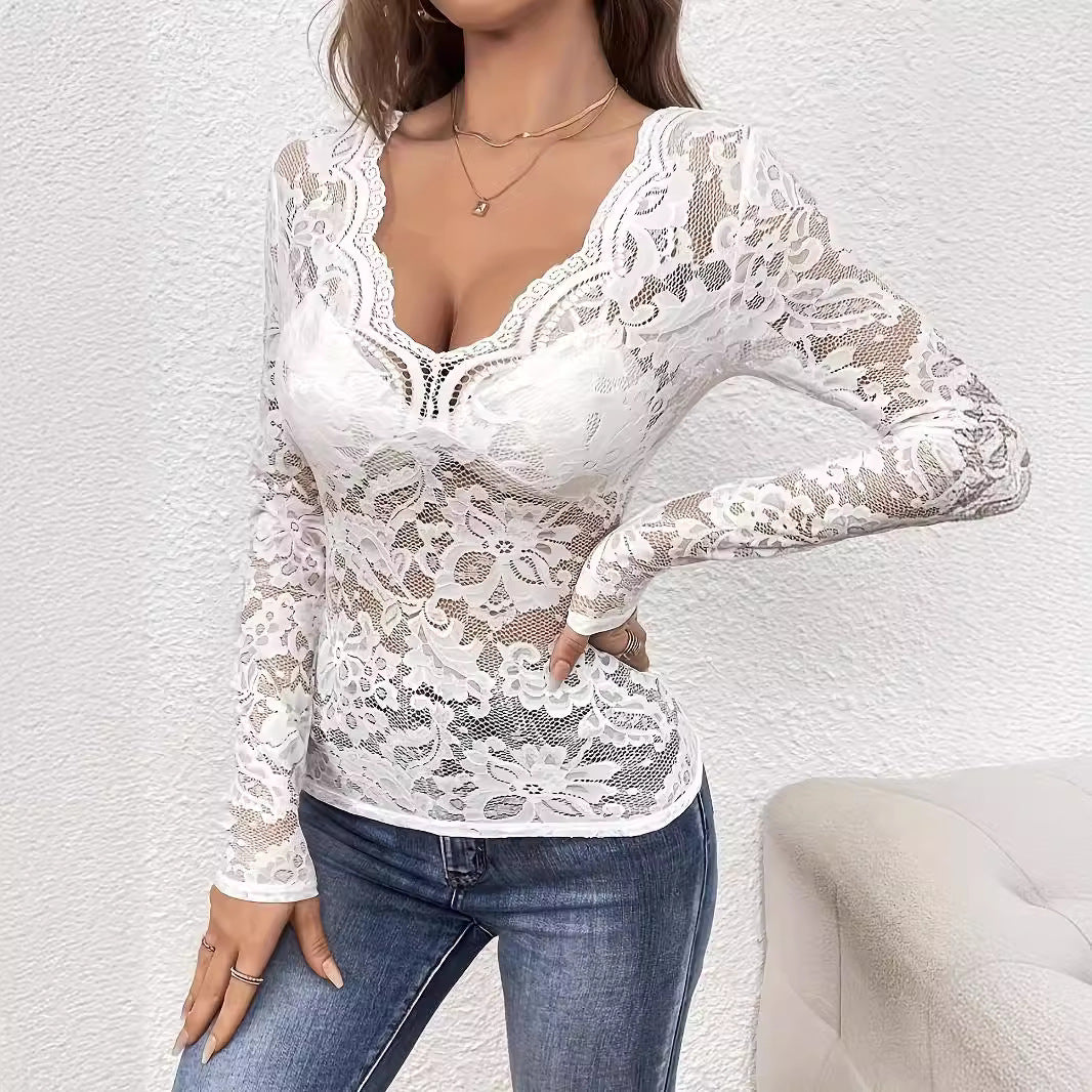 2025 new elegant V-neck fan-shaped collar edge single-layer lace long-sleeved T-shirt slim and thin women - Image 3