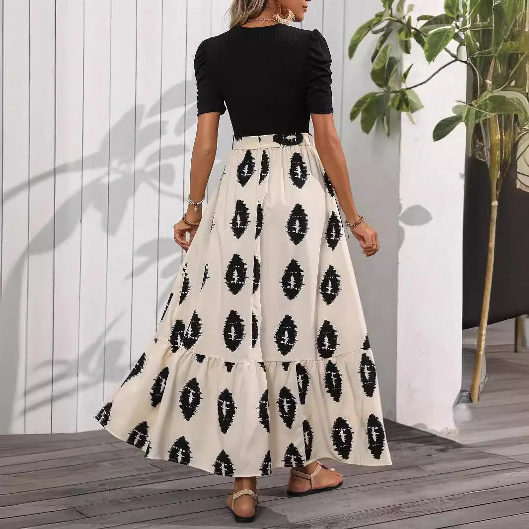 2025 new elegant women's geometric printing round neck bubble sleeve hem ruffle edge dress - Image 2