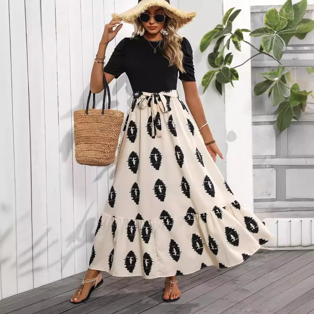 2025 new elegant women's geometric printing round neck bubble sleeve hem ruffle edge dress - Image 3