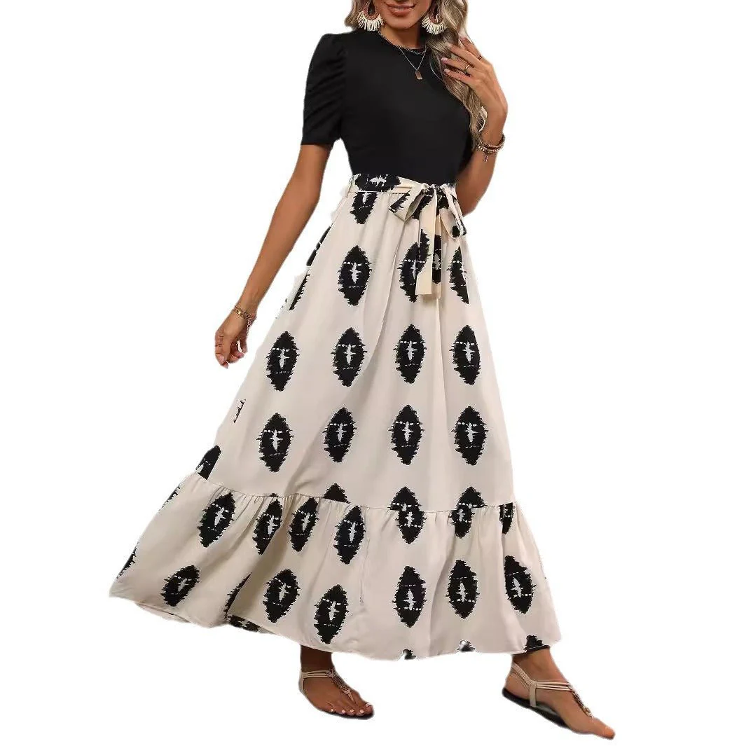 2025 new elegant women's geometric printing round neck bubble sleeve hem ruffle edge dress - Image 5