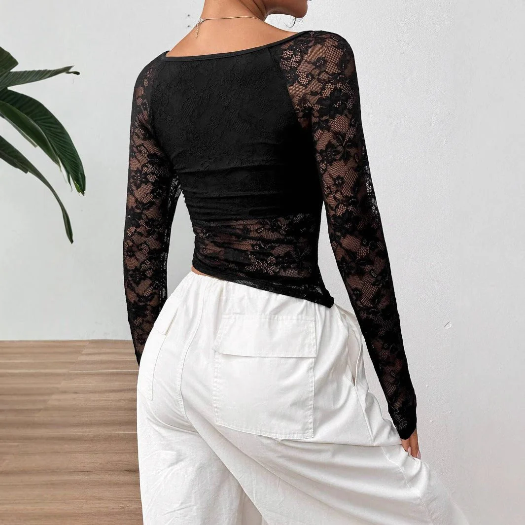 2025 new elegant women's lace U-neck asymmetrical hem design long-sleeved T-shirt top women - Image 2