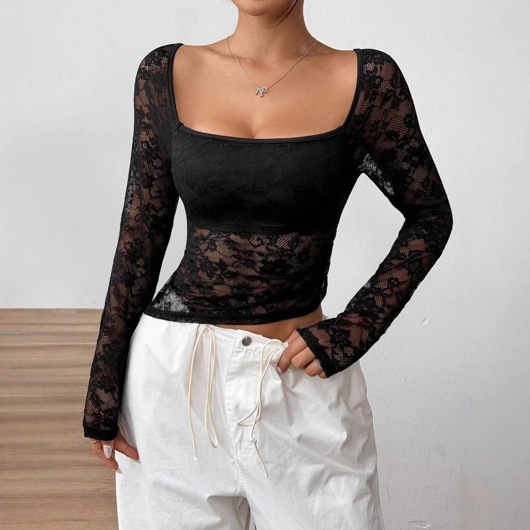 2025 new elegant women's lace U-neck asymmetrical hem design long-sleeved T-shirt top women - Image 3