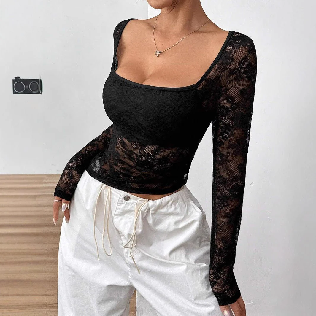 2025 new elegant women's lace U-neck asymmetrical hem design long-sleeved T-shirt top women - Image 4