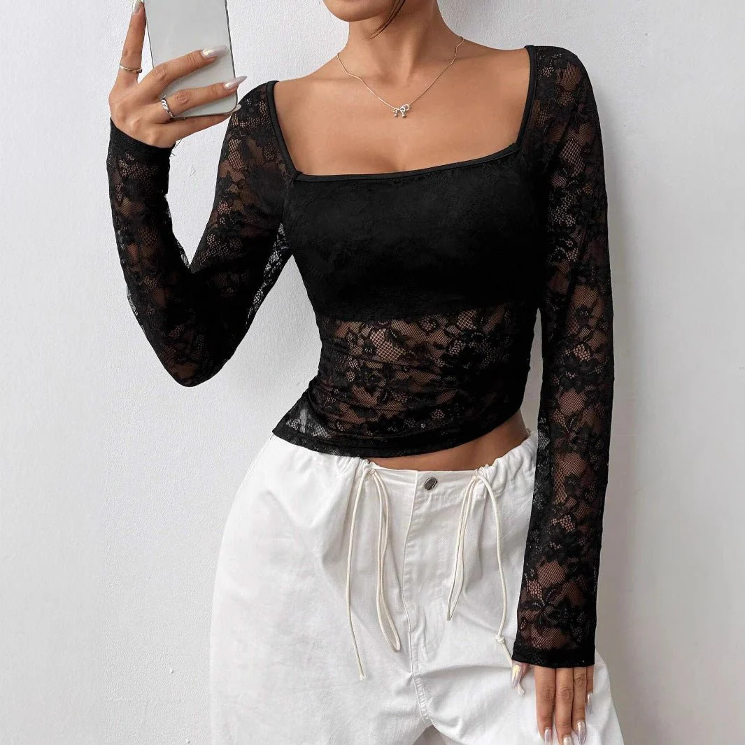 2025 new elegant women's lace U-neck asymmetrical hem design long-sleeved T-shirt top women - Image 5