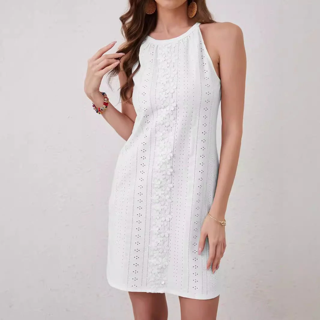 2025 new elegant women's solid color lace splicing sleeveless sexy backless dress - Image 4