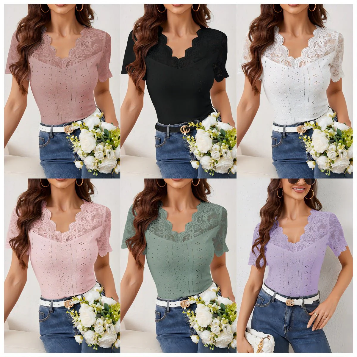 2025 new fan-shaped front and back V-neck lace stitching slim fit T-shirt short-sleeved tops for women