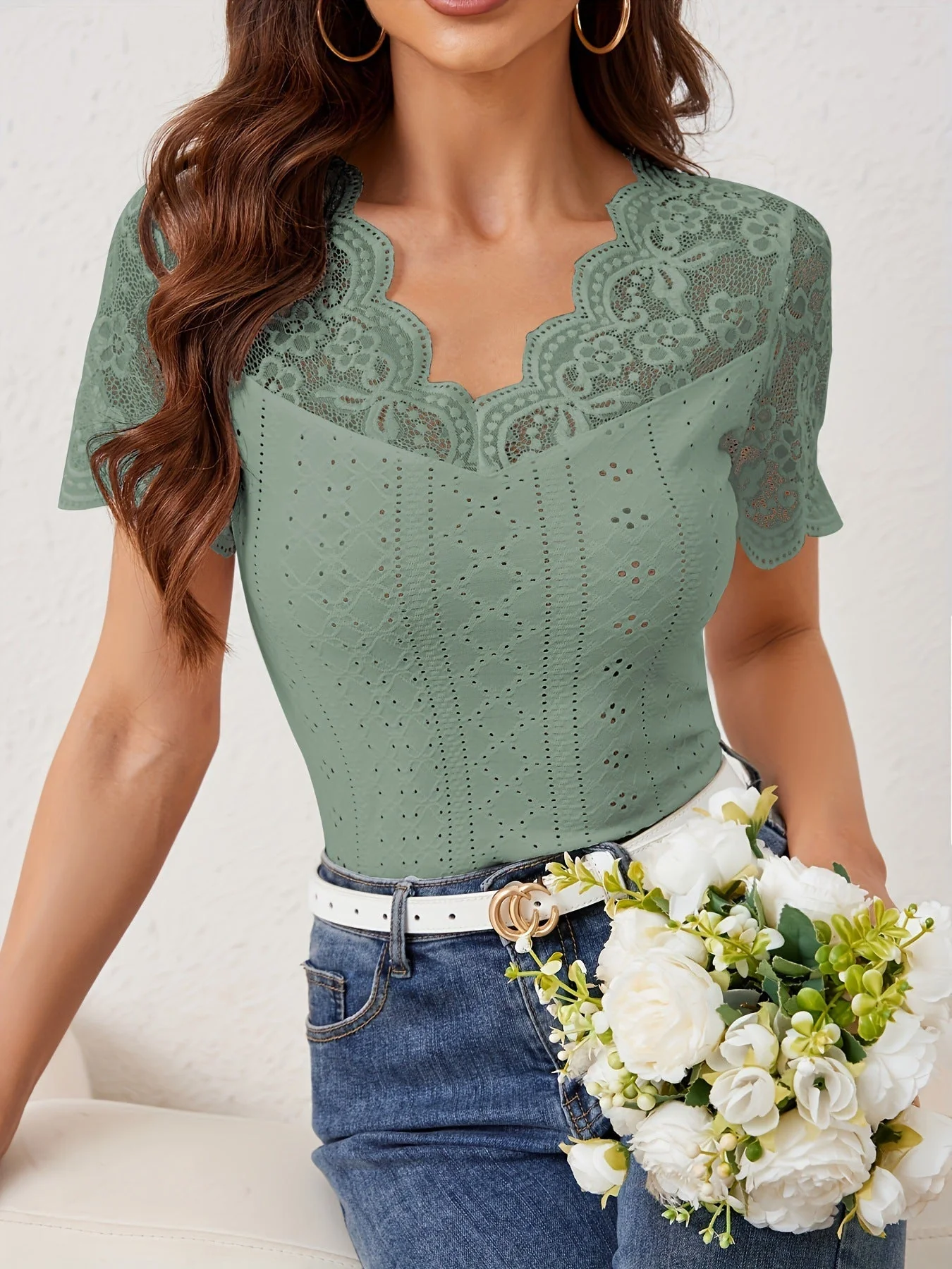 2025 new fan-shaped front and back V-neck lace stitching slim fit T-shirt short-sleeved tops for women - Image 11