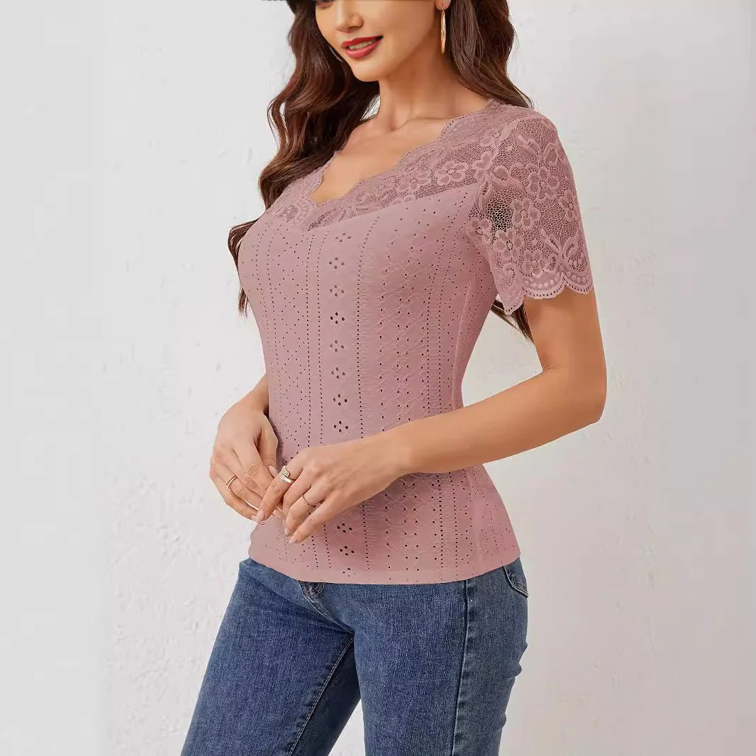 2025 new fan-shaped front and back V-neck lace stitching slim fit T-shirt short-sleeved tops for women - Image 4