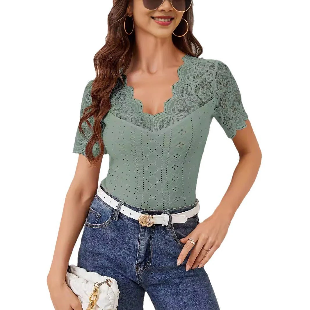 2025 new fan-shaped front and back V-neck lace stitching slim fit T-shirt short-sleeved tops for women - Image 5