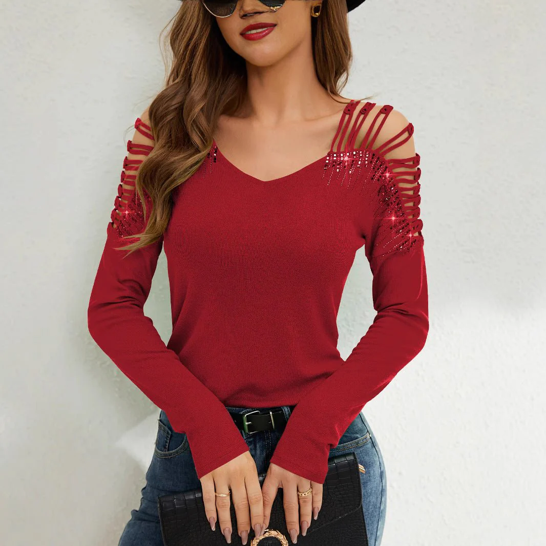 2025 new fashion lace splicing heavy industry hot diamond v-neck empty long-sleeved T-shirt women's top - Image 2