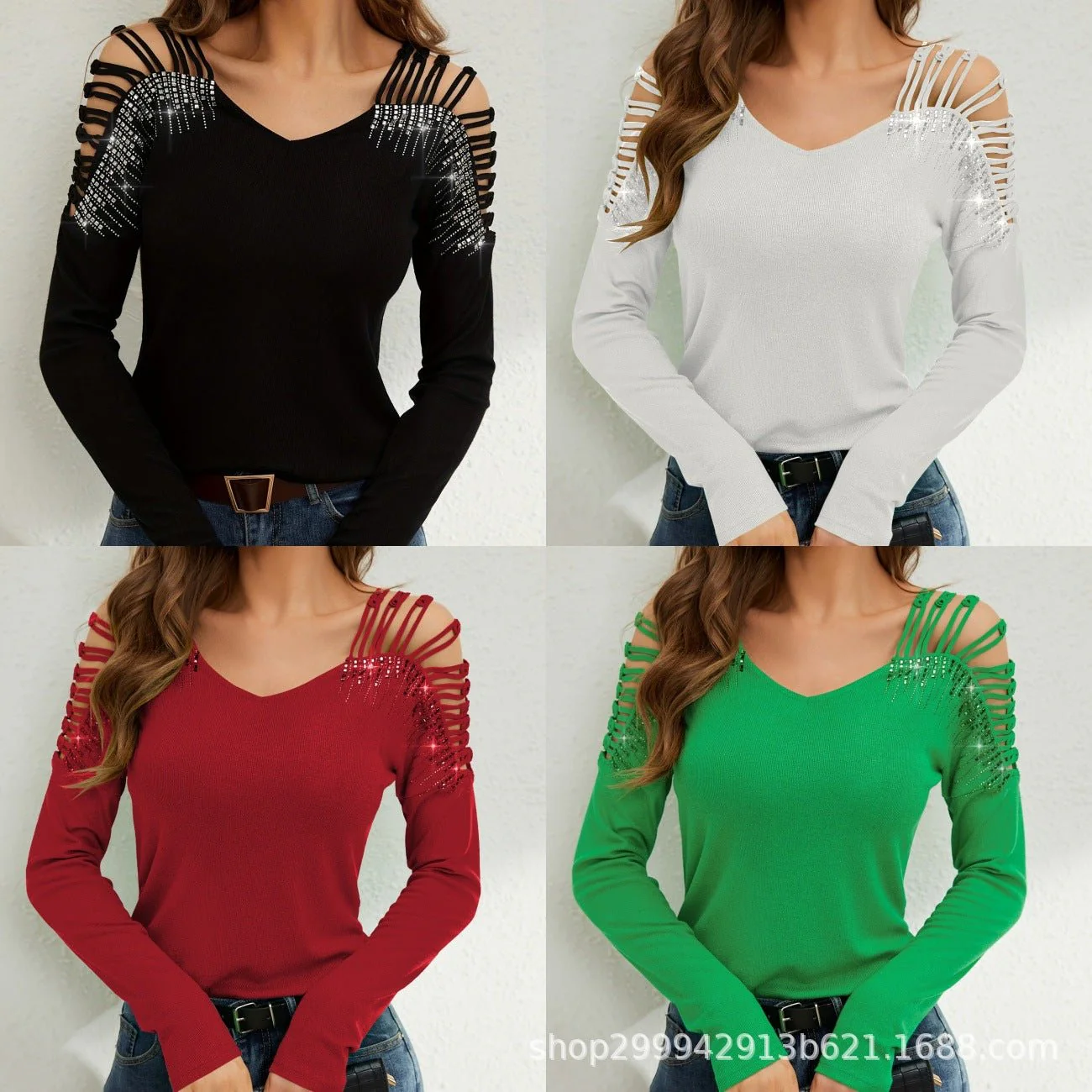 2025 new fashion lace splicing heavy industry hot diamond v-neck empty long-sleeved T-shirt women's top - Image 3