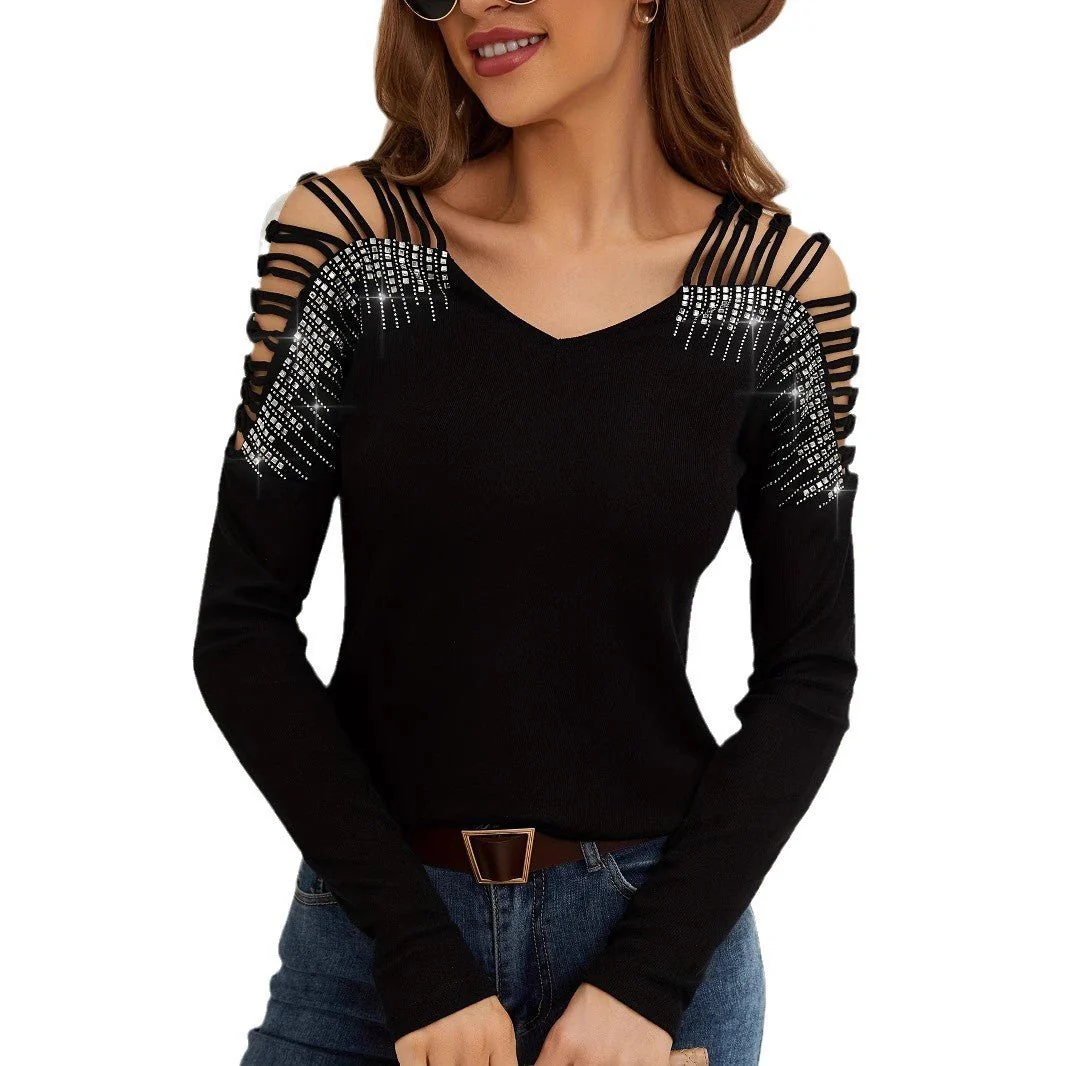 2025 new fashion lace splicing heavy industry hot diamond v-neck empty long-sleeved T-shirt women's top - Image 4