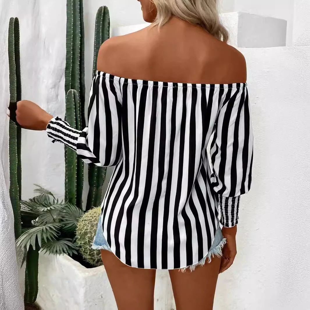 2025 new women's fashion loose off-the-shoulder lantern sleeves asymmetrical hem striped shirt - Image 2