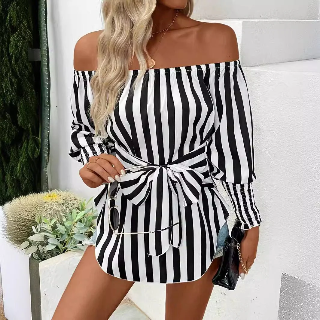 2025 new women's fashion loose off-the-shoulder lantern sleeves asymmetrical hem striped shirt - Image 3