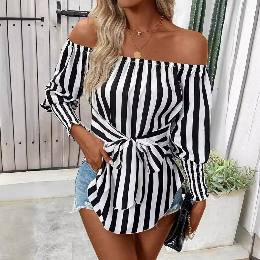 2025 new women's fashion loose off-the-shoulder lantern sleeves asymmetrical hem striped shirt - Image 4