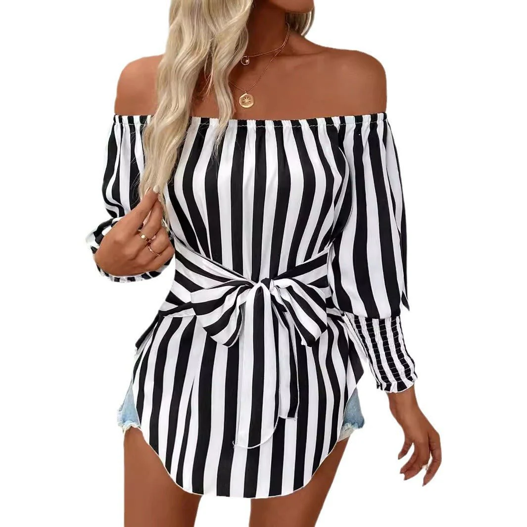 2025 new women's fashion loose off-the-shoulder lantern sleeves asymmetrical hem striped shirt - Image 5