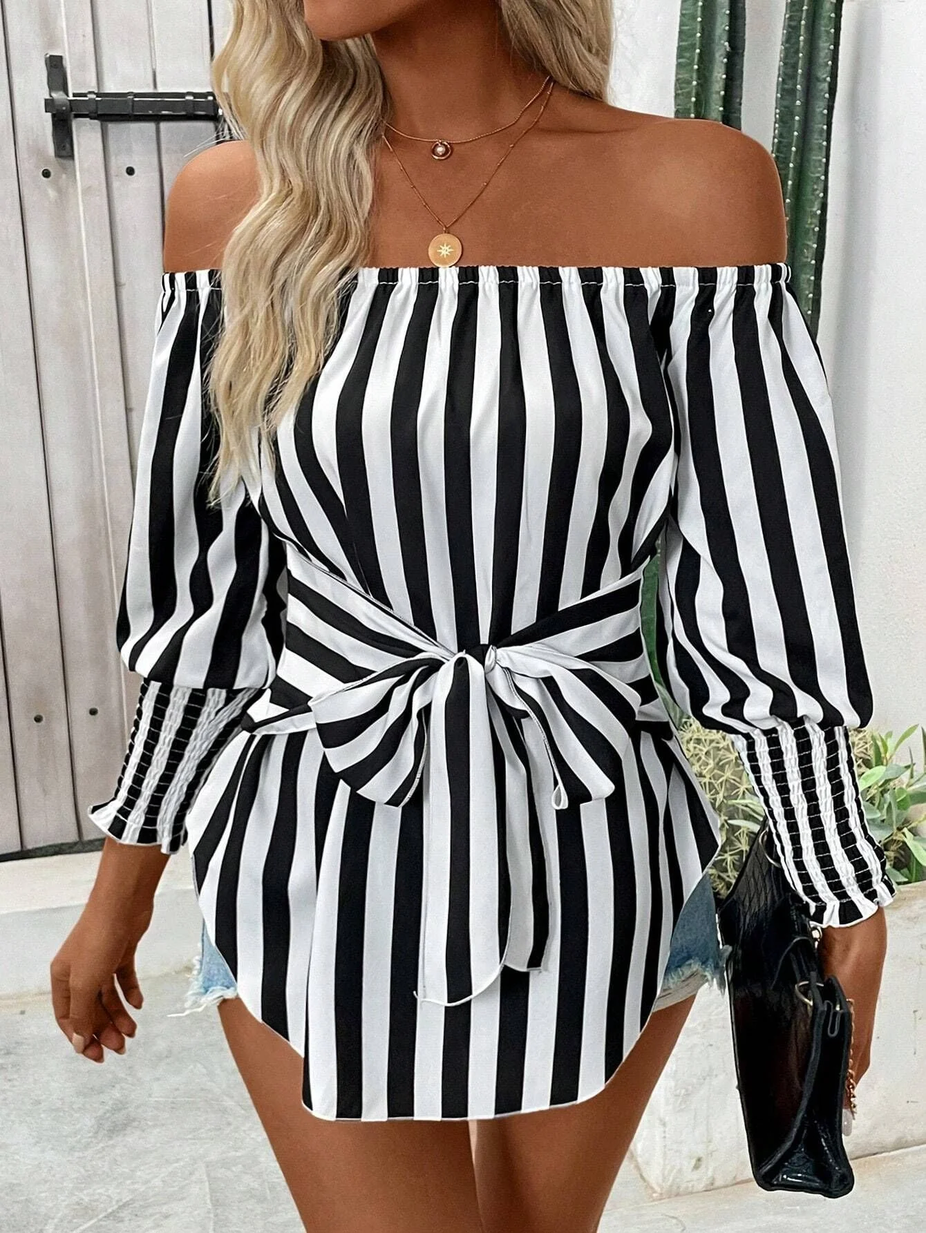 2025 new women's fashion loose off-the-shoulder lantern sleeves asymmetrical hem striped shirt - Image 6