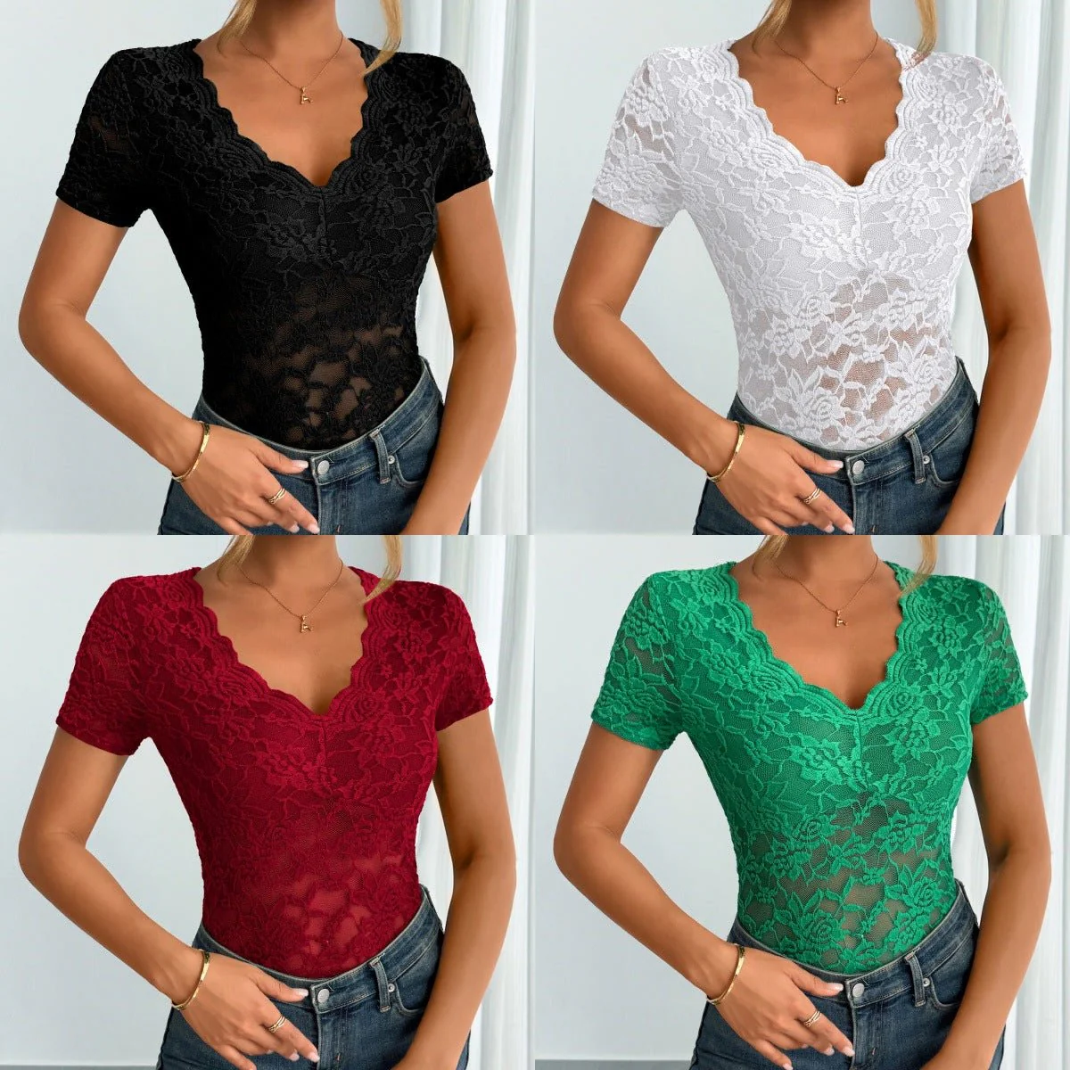 2025 spring and summer new women's solid color sexy lace V-neck short-sleeved lace bottoming shirt