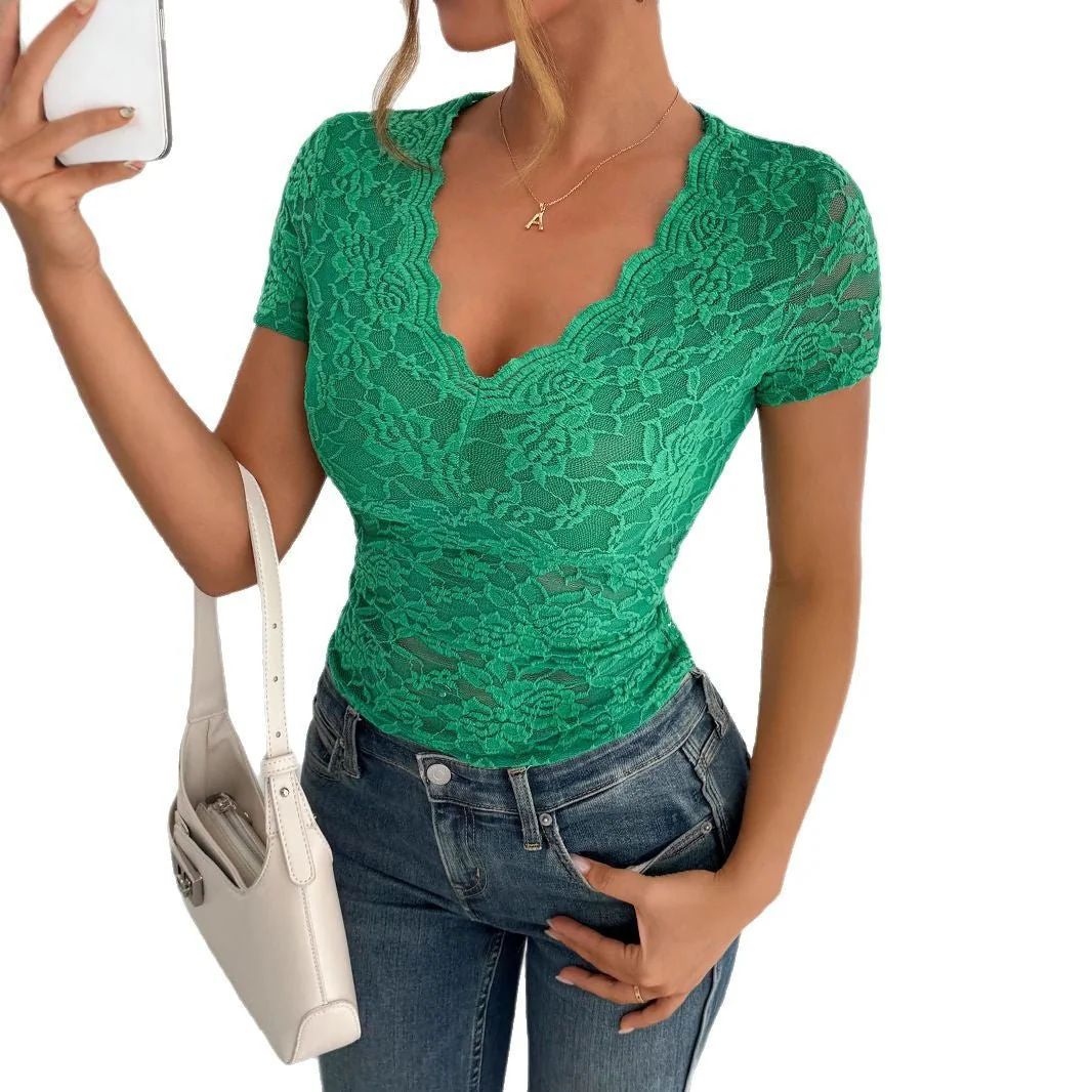 2025 spring and summer new women's solid color sexy lace V-neck short-sleeved lace bottoming shirt - Image 5
