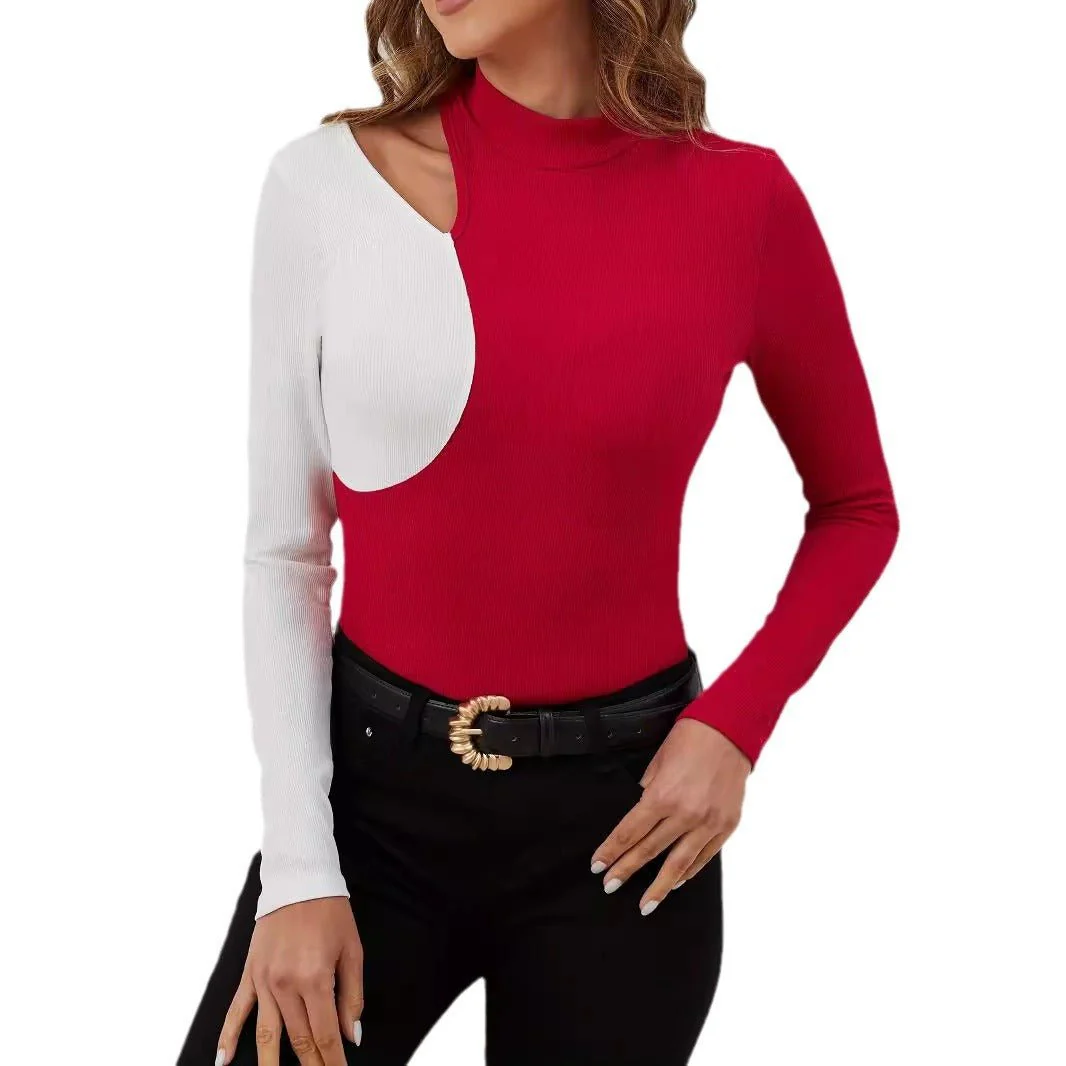 2025 spring elegant contrasting color splicing small stand-up collar new T-shirt slim and thin long-sleeved top women - Image 5