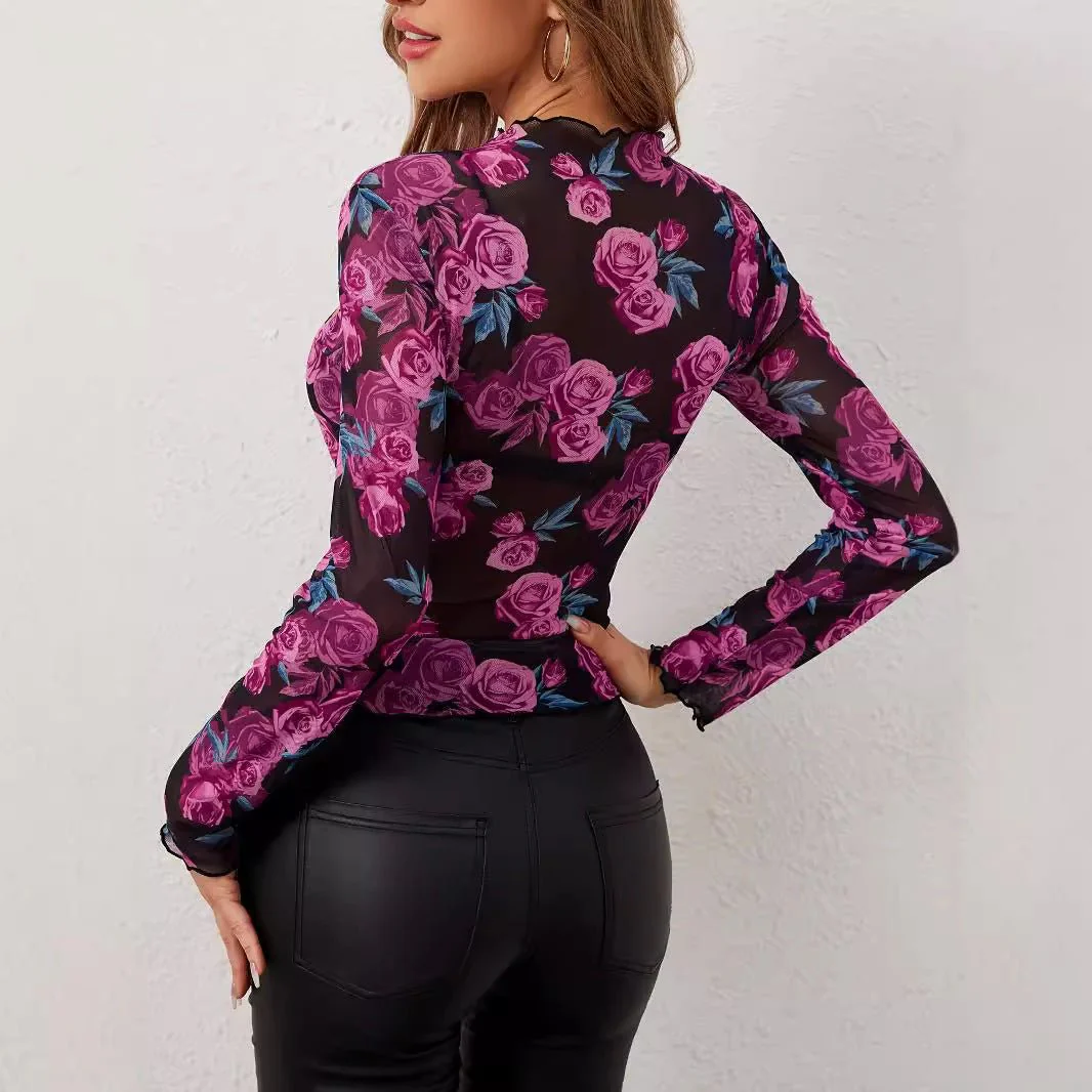 2025 spring new elegant flower fashion flower printing small stand-up collar mesh fungus edge women's top - Image 3