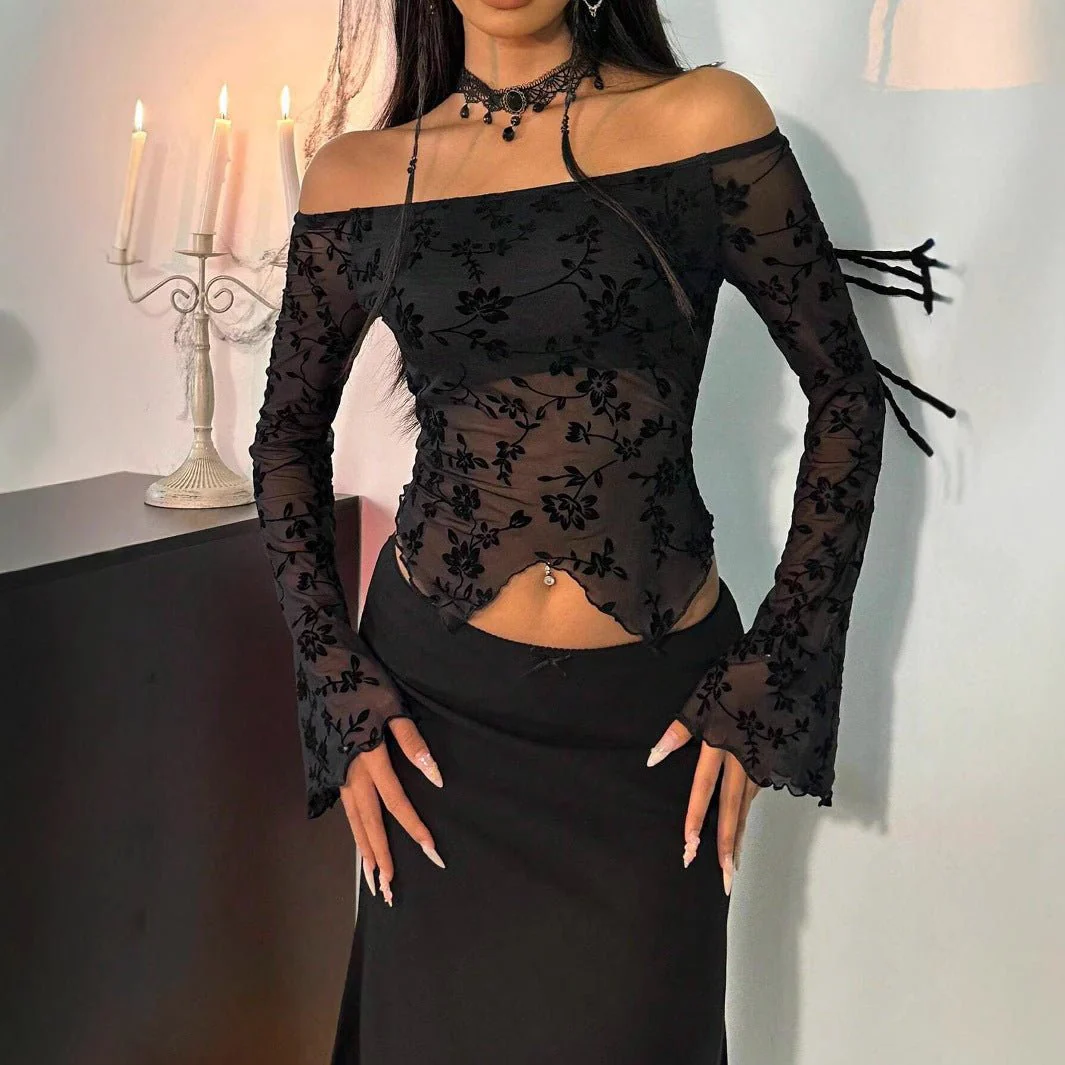 2025 spring new elegant women's black flower mesh off-the-shoulder horn sleeve T-shirt top women
