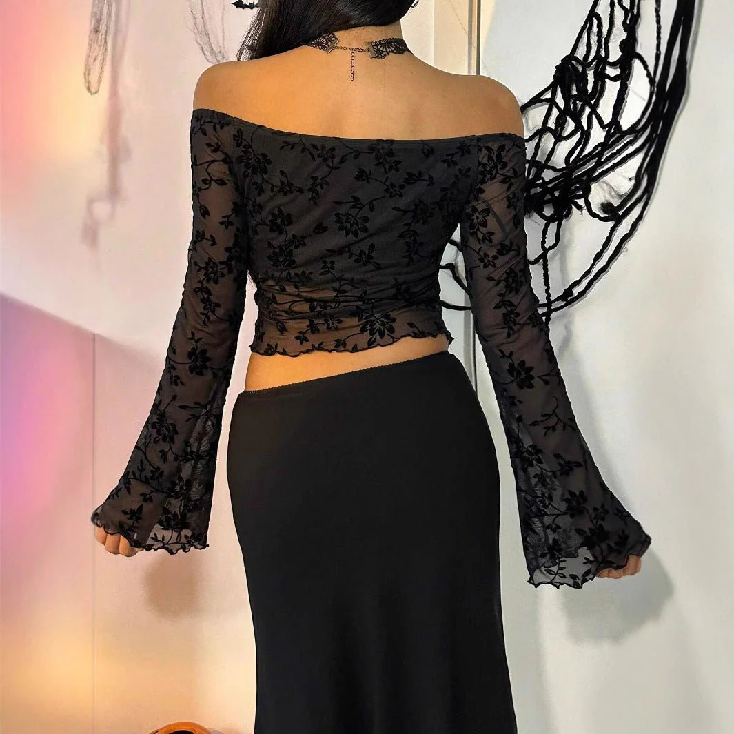 2025 spring new elegant women's black flower mesh off-the-shoulder horn sleeve T-shirt top women - Image 2