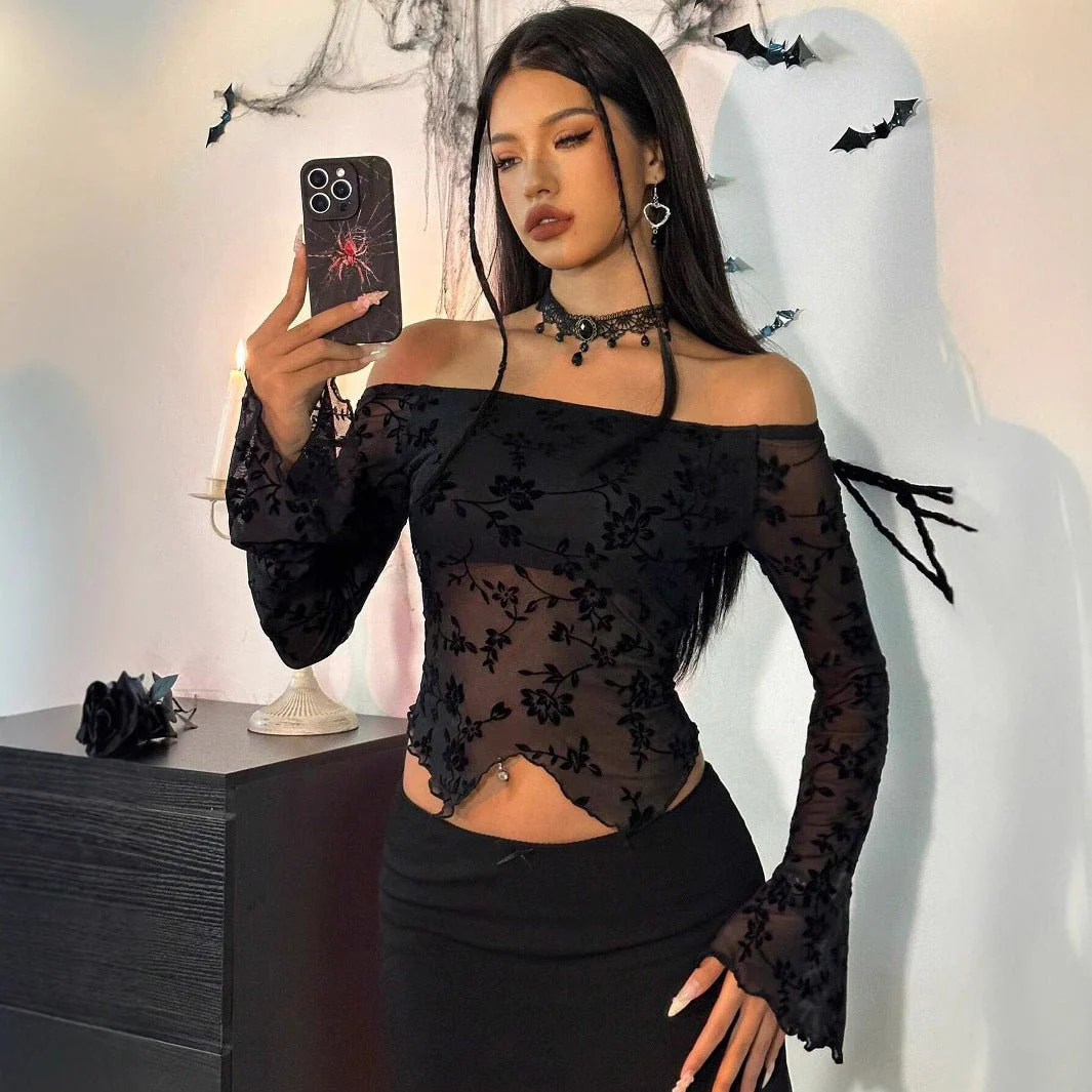 2025 spring new elegant women's black flower mesh off-the-shoulder horn sleeve T-shirt top women - Image 3