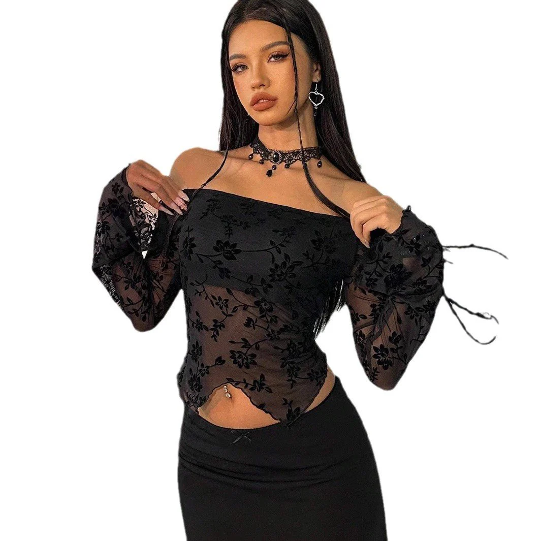 2025 spring new elegant women's black flower mesh off-the-shoulder horn sleeve T-shirt top women - Image 5