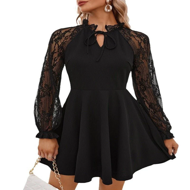 2025 spring new elegant women's solid color French contrasting color lace lace-up long-sleeved dress - Image 5