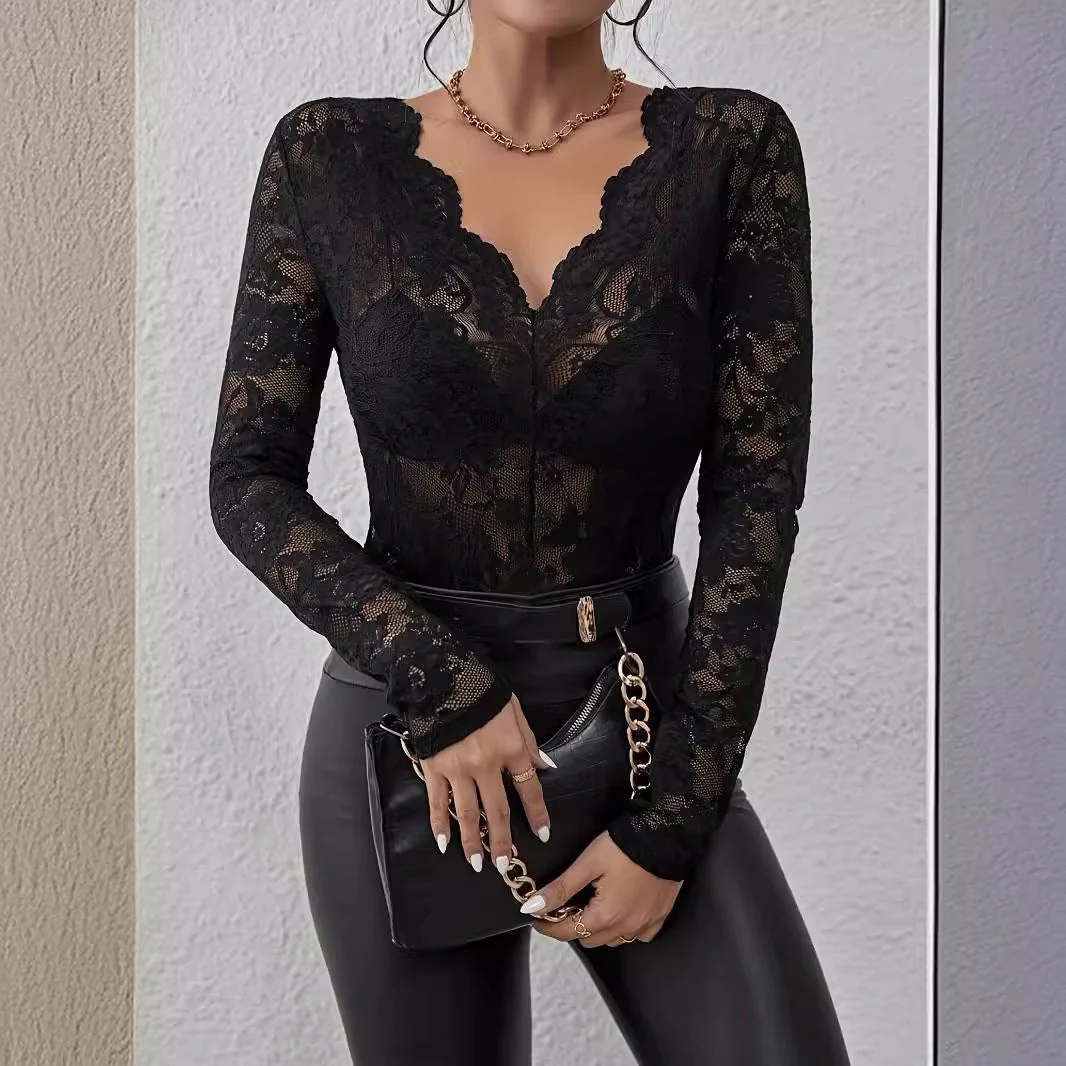 2025 spring new sexy single-layer floral lace fan-shaped decorative bottoming blouse tops for women - Image 2