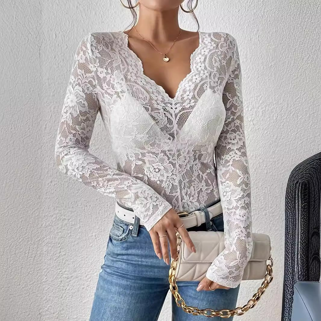 2025 spring new sexy single-layer floral lace fan-shaped decorative bottoming blouse tops for women - Image 3