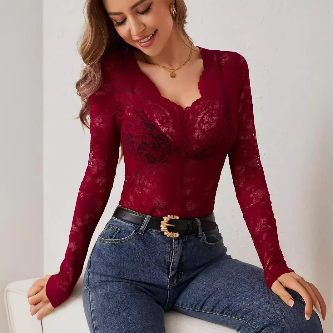 2025 spring new sexy single-layer floral lace fan-shaped decorative bottoming blouse tops for women - Image 4
