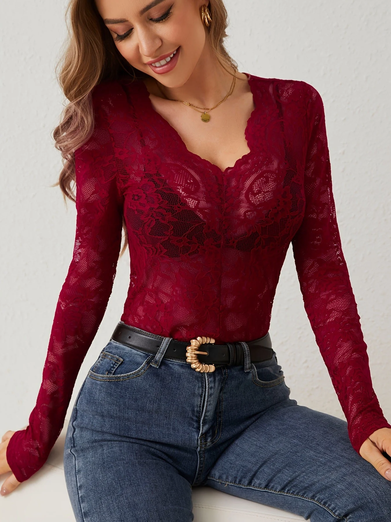 2025 spring new sexy single-layer floral lace fan-shaped decorative bottoming blouse tops for women - Image 8