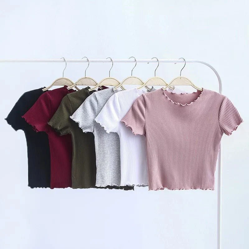 2025 Summer American Style Fashion Retro Ruffle Edge Slim Short Sleeve T-shirt