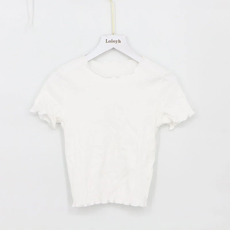 2025 Summer American Style Fashion Retro Ruffle Edge Slim Short Sleeve T-shirt - Image 18