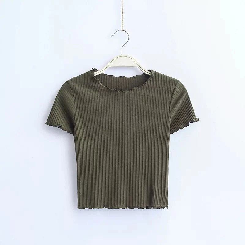 2025 Summer American Style Fashion Retro Ruffle Edge Slim Short Sleeve T-shirt - Image 9
