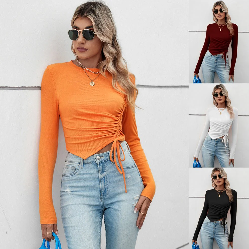 2025 Summer Comfortable Casual Irregular Short Pleated Slim Fit Long Sleeve Women's T-shirt