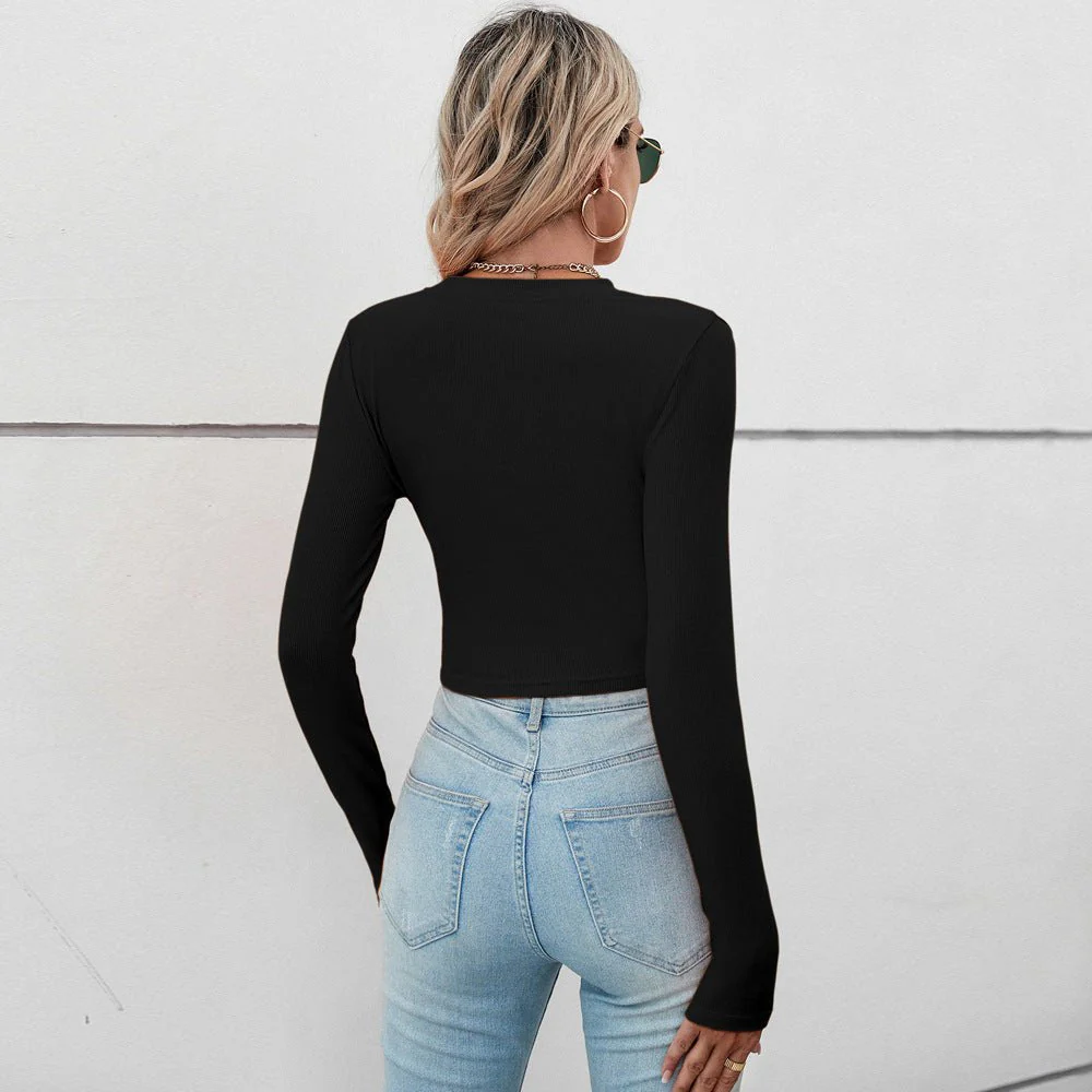 2025 Summer Comfortable Casual Irregular Short Pleated Slim Fit Long Sleeve Women's T-shirt - Image 18